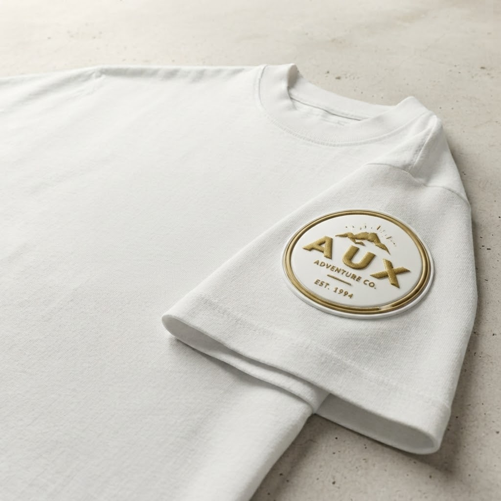 Available white T-shirt with embroidered sleeve badge