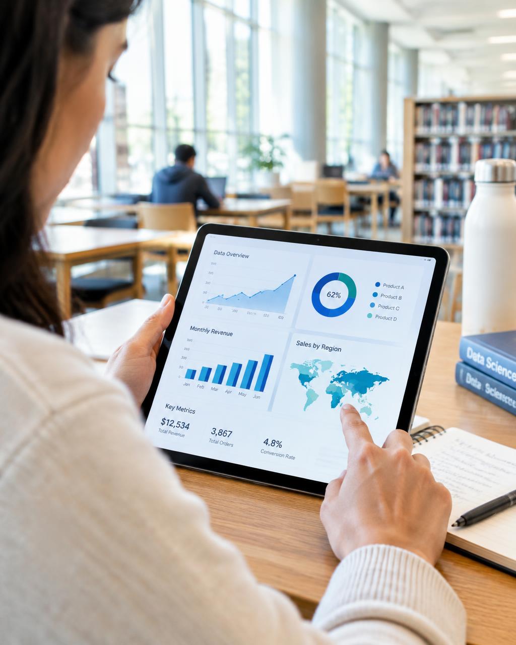 A person reviewing risk insights on a tablet in a library